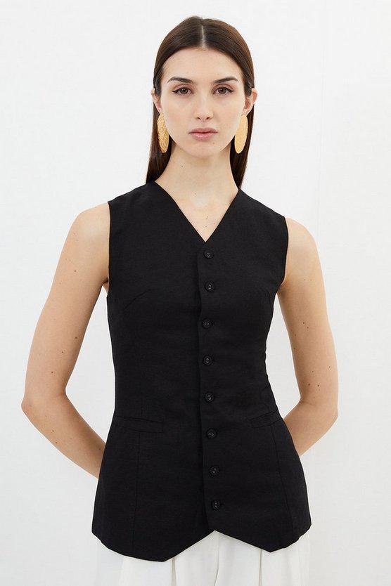 Karen Millen UK SALE Viscose Linen Woven Long Waistcoat - black