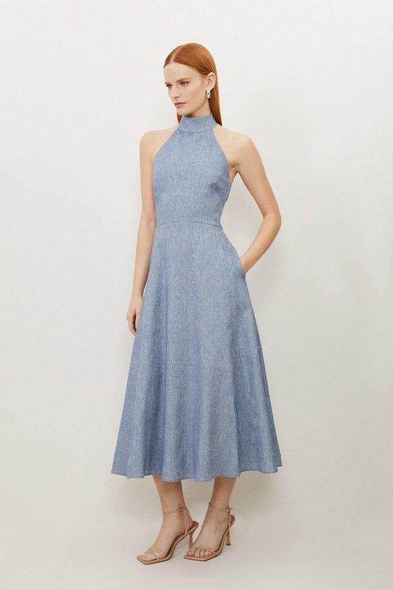 Karen Millen UK SALE Tailored Denim Look Linen Strappy Full Skirted Midi Dress