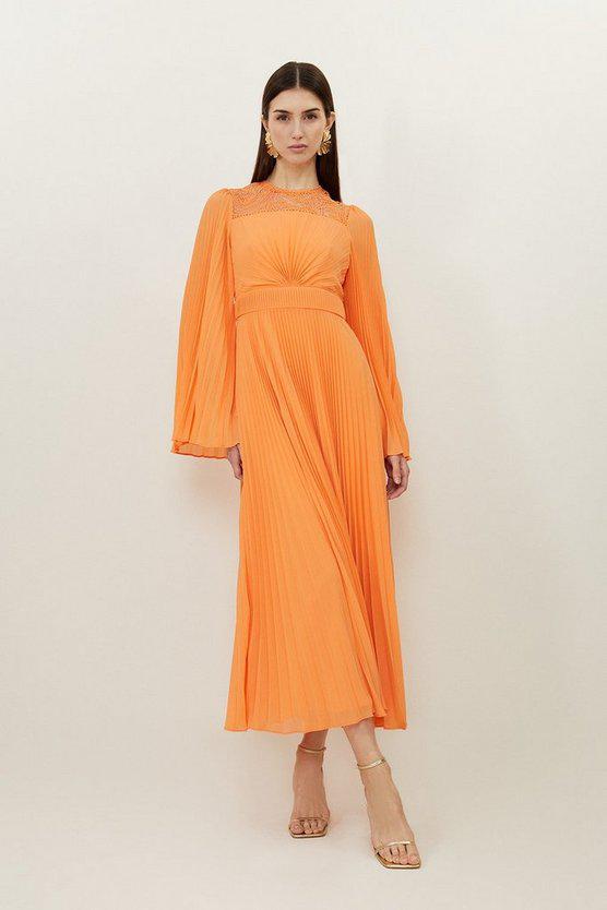 Karen Millen UK SALE Soft Pleated Woven Kimono Sleeve Maxi Dress - coral