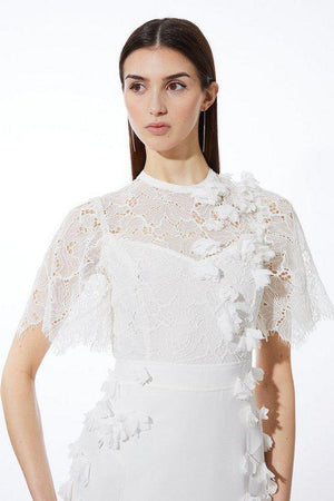 Karen Millen UK SALE Lace Petal Applique Woven High Neck Maxi Dress - ivory
