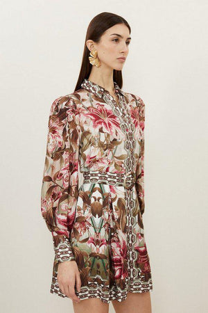 Karen Millen UK SALE Linen Viscose Border Print Floral Woven Short Dress