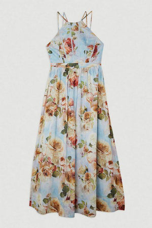 Karen Millen UK SALE Silk Cotton Rose Print Halter Woven Maxi Dress