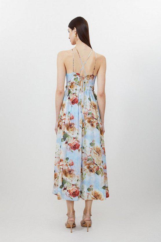 Karen Millen UK SALE Silk Cotton Rose Print Halter Woven Maxi Dress
