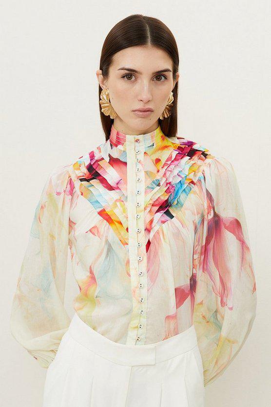Karen Millen UK SALE Ombre Floral Silk Cotton Button Down Blouse