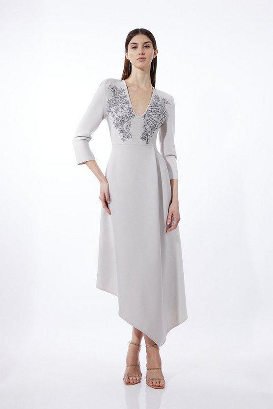 Karen Millen UK SALE Bandage Form Fitting Asymmetric Embellished Knit Dress - grey