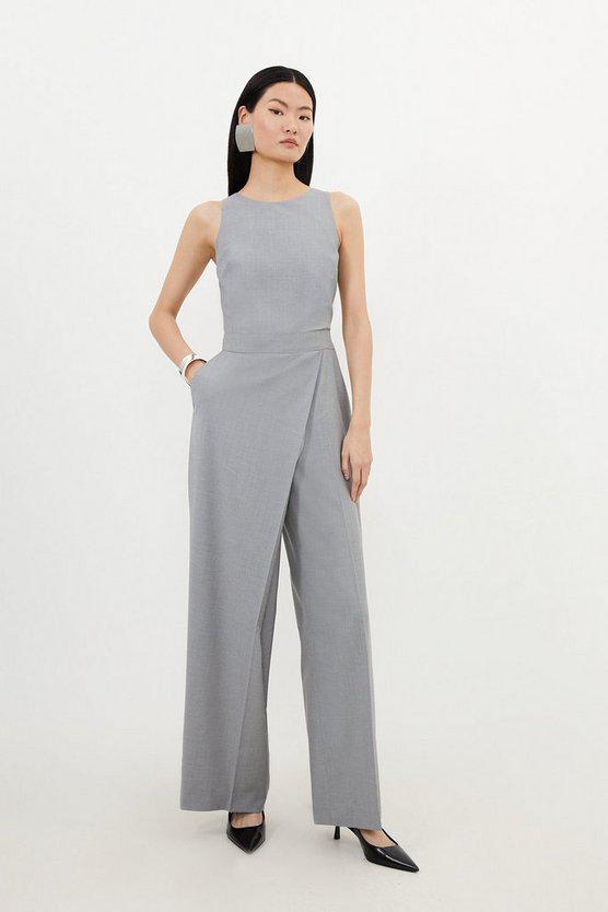 Karen Millen UK SALE Tailored Wool Blend Wide Leg Wrap Detail Jumpsuit - grey