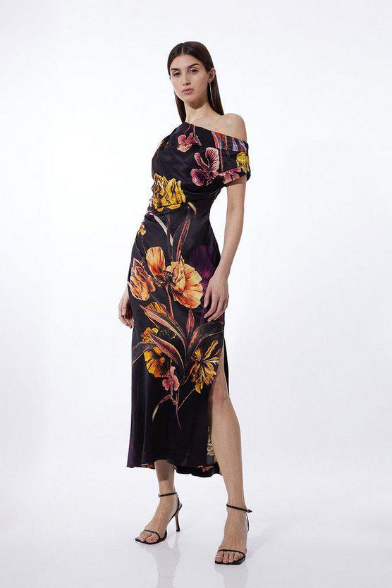 Karen Millen UK SALE Petite Midnight Floral Satin Back Crepe Woven Maxi Dress