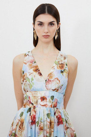 Karen Millen UK SALE Silk Cotton Rose Print Plunge Woven Maxi Dress