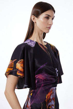 Karen Millen UK SALE Midnight Floral Satin Crepe Woven Angel Sleeve Maxi Dress