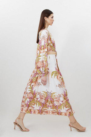 Karen Millen UK SALE Mirrored Floral Viscose Linen Button Down Midi Dress