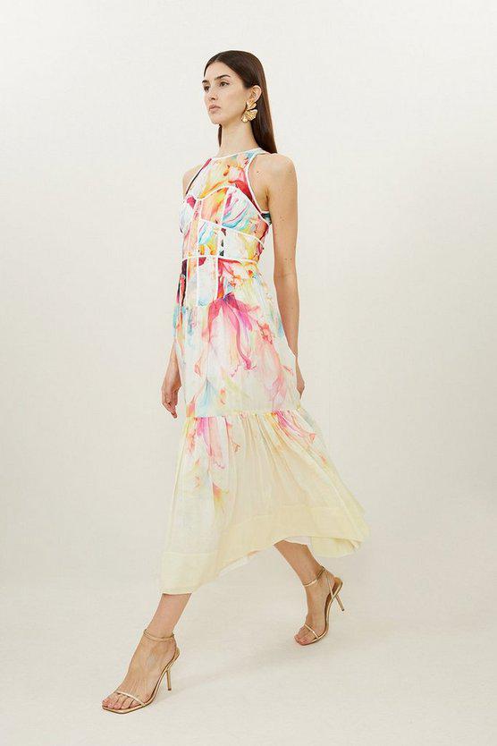 Karen Millen UK SALE Ombre Floral Silk Cotton Halter Midaxi Dress.