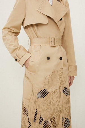 Karen Millen UK SALE Tailored Cutwork Embroidered Belted Trench Coat - tan