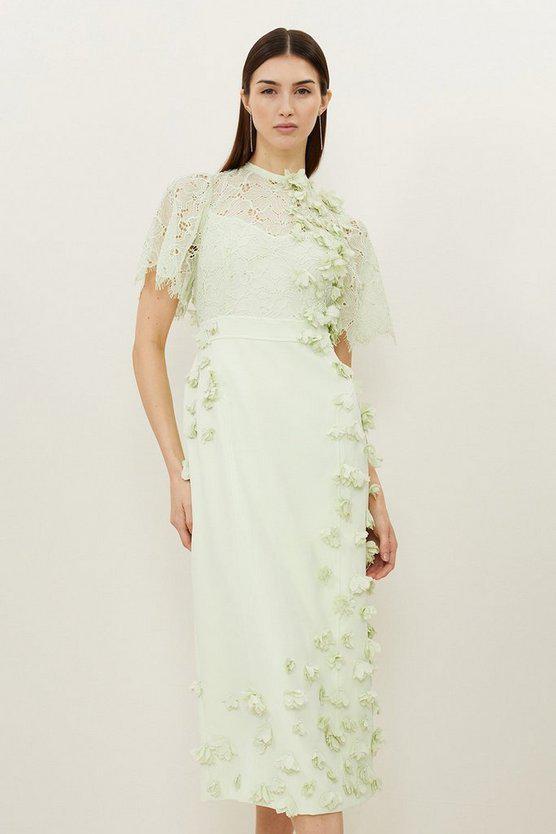 Karen Millen UK SALE Lace Petal Applique Woven High Neck Maxi Dress - soft lime