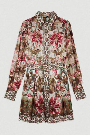 Karen Millen UK SALE Linen Viscose Border Print Floral Woven Short Dress