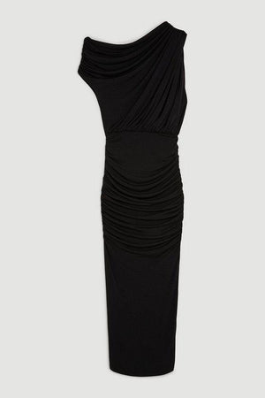 Karen Millen UK SALE Jersey Crepe Asymetric Neckline Maxi Dress - black