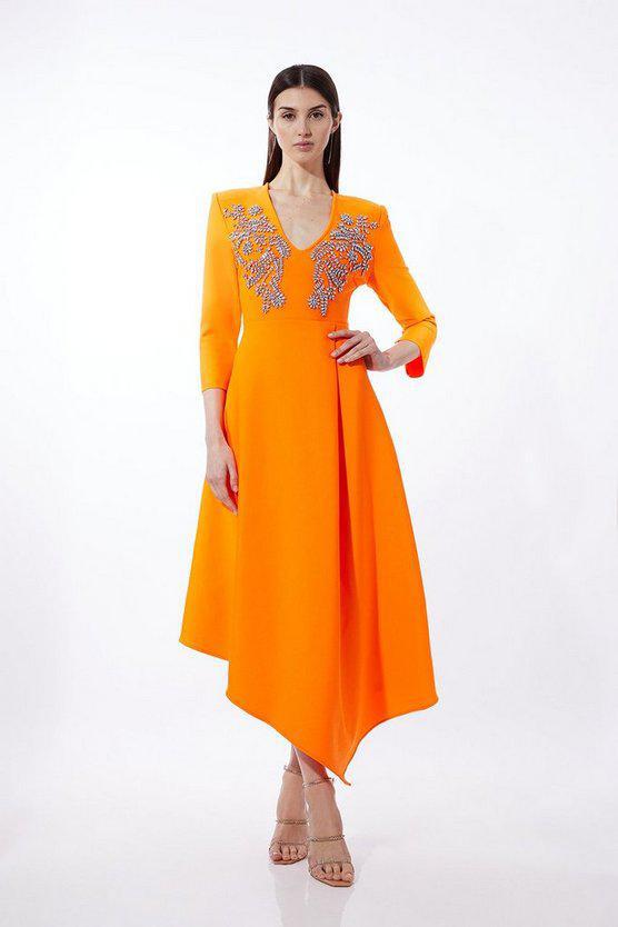 Karen Millen UK SALE Bandage Form Fitting Asymmetric Embellished Knit Dress - orange