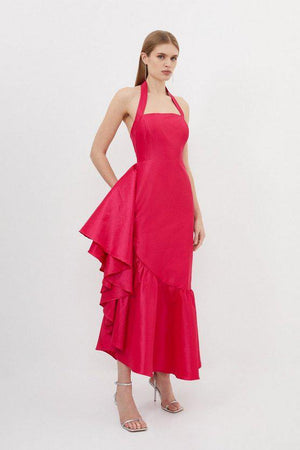 Karen Millen UK SALE Metallic Taffeta Halterneck Ruffle Hem Midaxi Dress - pink