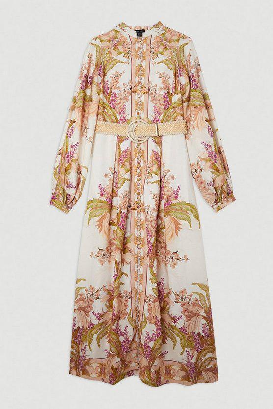 Karen Millen UK SALE Mirrored Floral Viscose Linen Button Down Midi Dress