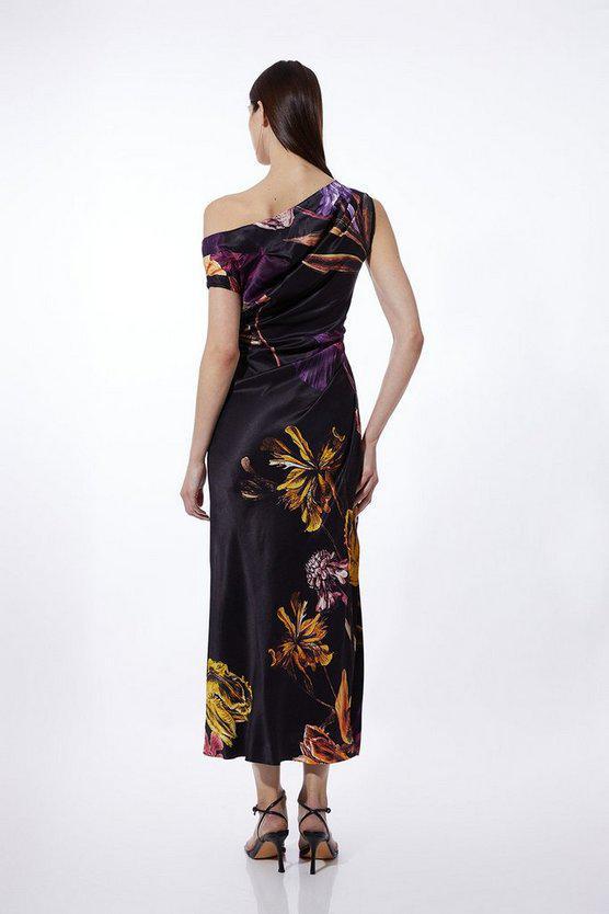 Karen Millen UK SALE Midnight Floral Print Satin Back Crepe Woven Maxi Dress