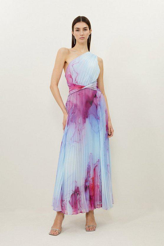 Karen Millen UK SALE Marble Printed Soft Pleated One Shoulder Midaxi Dress