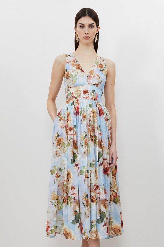 Karen Millen UK SALE Silk Cotton Rose Print Plunge Woven Maxi Dress