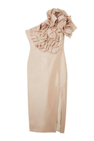 Karen Millen UK SALE Metallic Taffeta Rosette Maxi Bardot Dress
