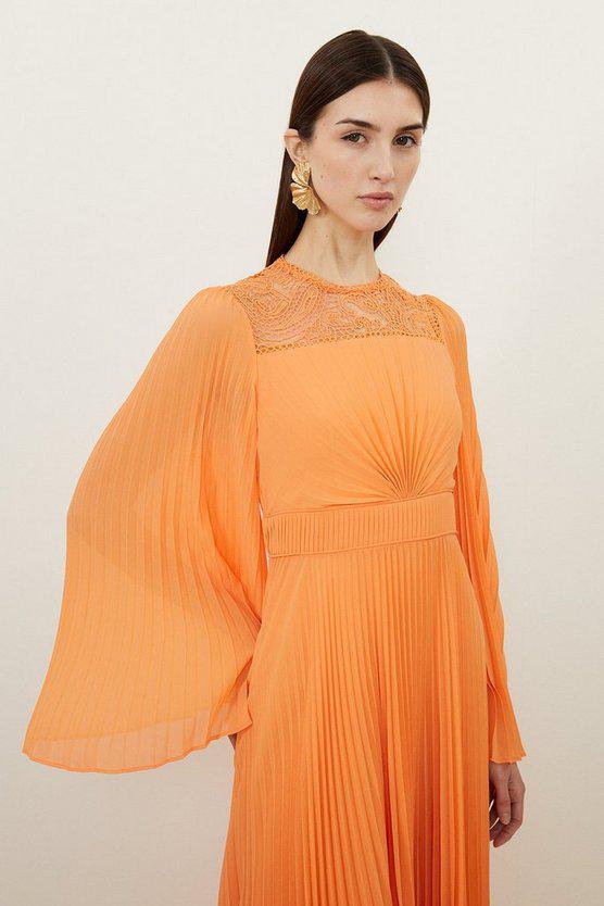 Karen Millen UK SALE Soft Pleated Woven Kimono Sleeve Maxi Dress - coral