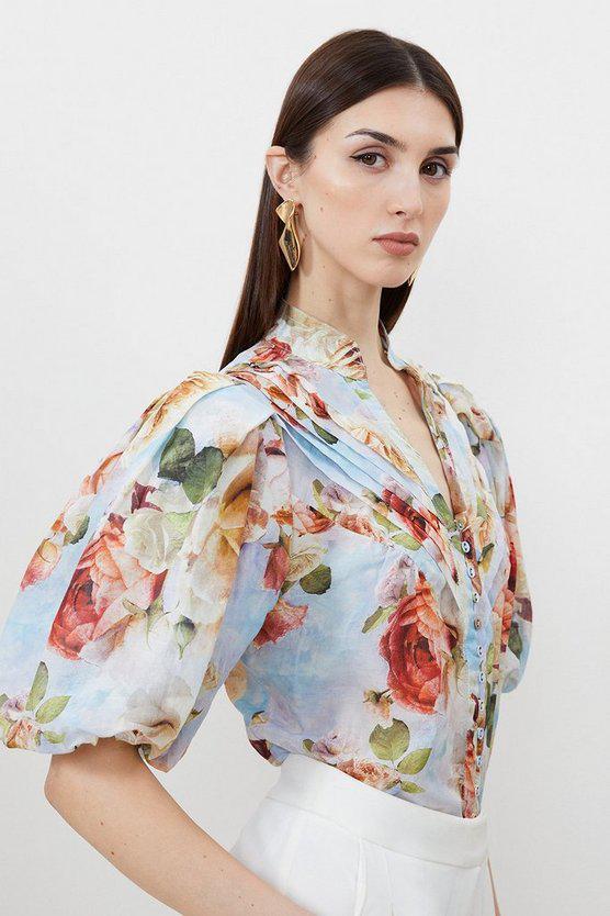Karen Millen UK SALE Rose Floral Silk Cotton Woven Blouse