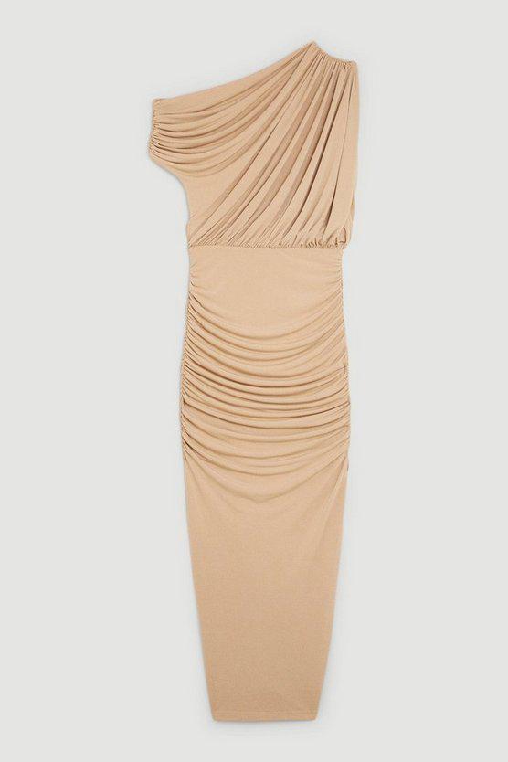Karen Millen UK SALE Jersey Crepe Asymetric Neckline Maxi Dress - sand