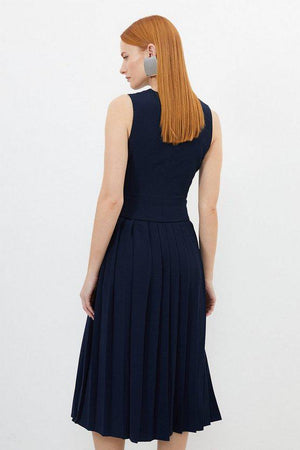 Karen Millen UK SALE Tailored Crepe Pleated Skirt Waistcoat Midi Dress - navy