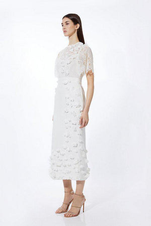 Karen Millen UK SALE Lace Petal Applique Woven High Neck Maxi Dress - ivory