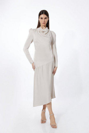Karen Millen UK SALE Viscose Satin Asymmetric Woven Maxi Dress