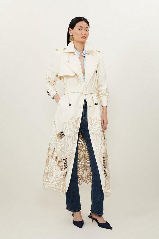 Karen Millen UK SALE Tailored Cutwork Embroidered Belted Trench Coat - ivory