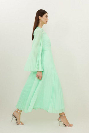 Karen Millen UK SALE Soft Pleated Woven Kimono Sleeve Maxi Dress - lime