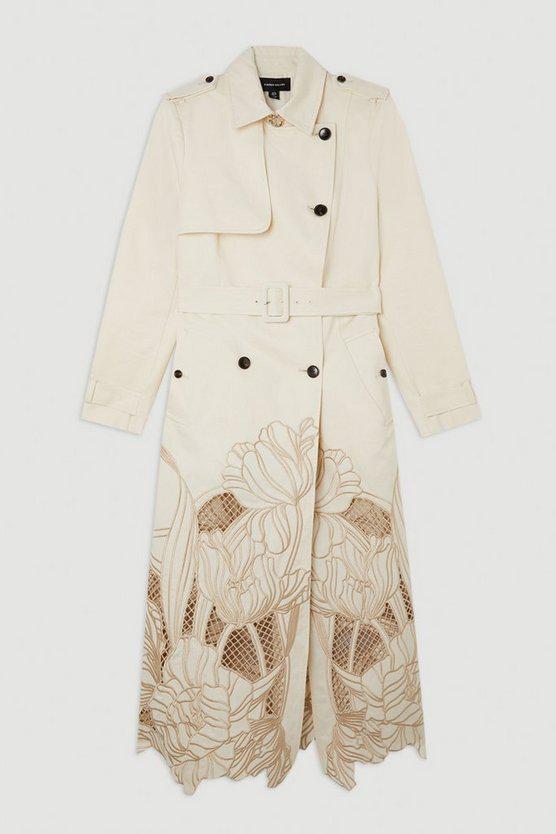 Karen Millen UK SALE Tailored Cutwork Embroidered Belted Trench Coat - ivory