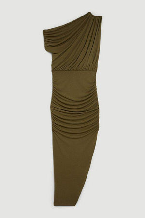Karen Millen UK SALE Jersey Crepe Asymetric Neckline Maxi Dress - khaki