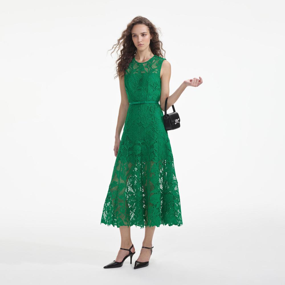 SELF PORTRAIT SS24 Green Lace Sleeveless Midi Dress