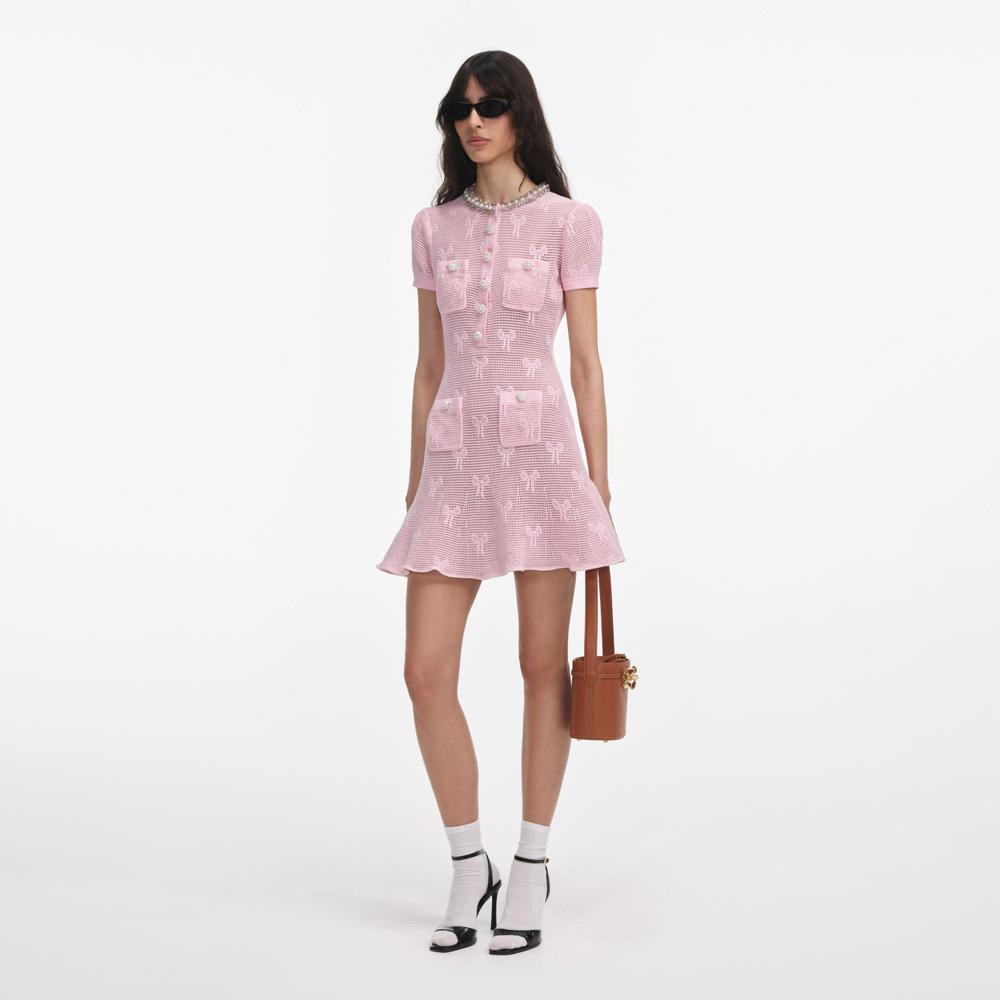 SP VIP PRICE Pink Bow Crochet Crystal Trim Mini Dress