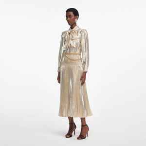 SP VIP PRICE Gold Metallic Tie Neck Midi Dress