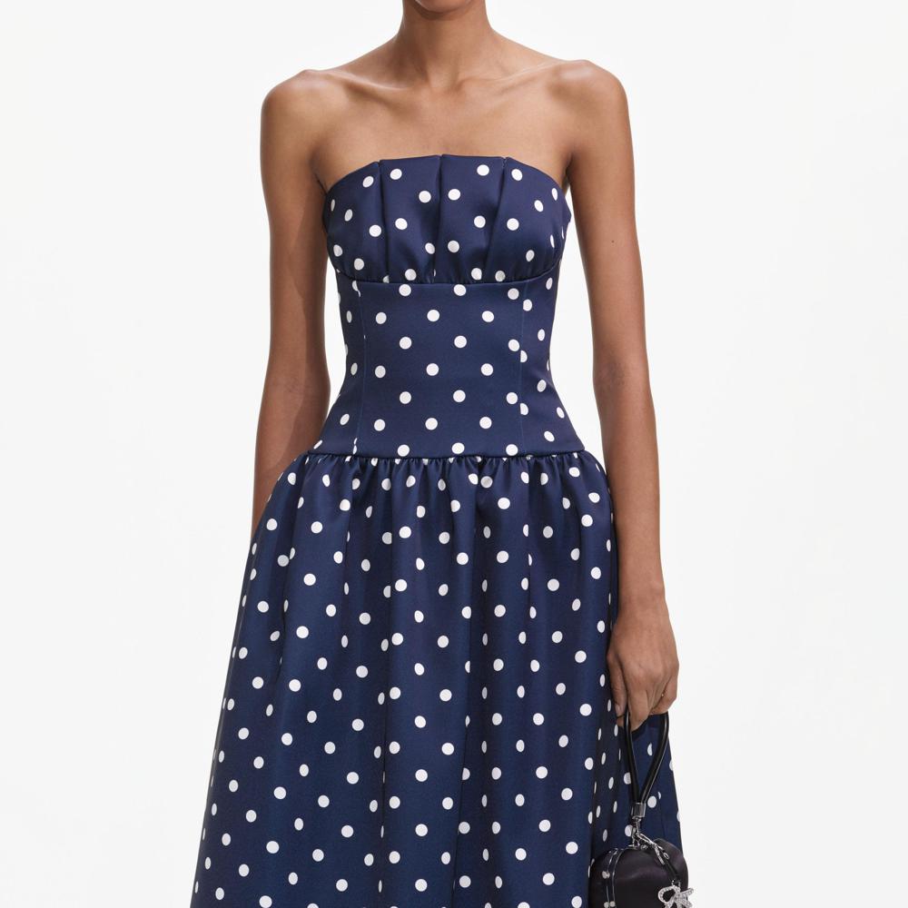 SELF PORTRAIT SS25 VIP PRICE Navy Polka Dot Satin Midi Dress