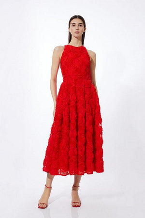 Karen Millen UK SALE Romantic Rosette Texture Woven Prom Midi Dress - red