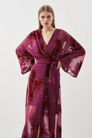 Karen Millen UK SALE Feather Devore Woven Kimono Maxi Dress - fig