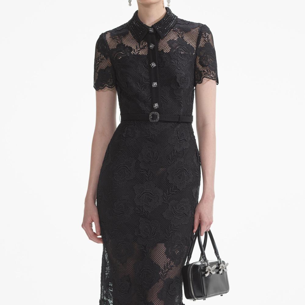 SELF PORTRAIT SS24 Black Lace Diamante Midi Dress