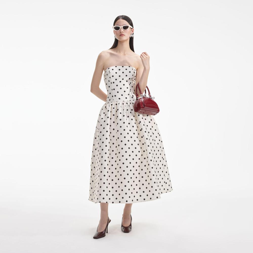 SELF PORTRAIT SS24 Cream Polka Dot Taffeta Midi Dress