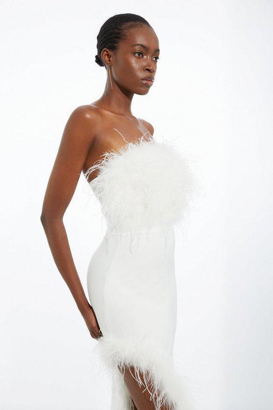 Karen Millen UK SALE Figure Form Bandage Feather Detail Bandeau Knit Midi Dress - ivory