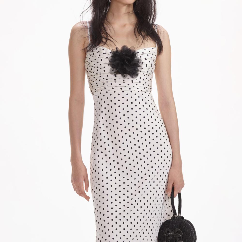 SELF PORTRAIT SS24 Cream Polka Dot Satin Maxi Dress