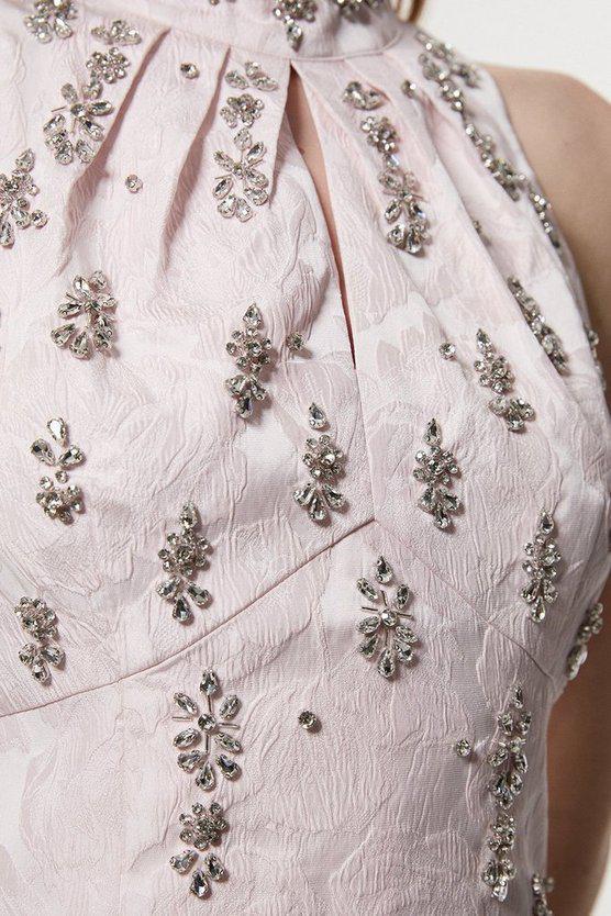 Karen Millen UK SALE Texture Jacquard Crystal Embellished High Neck Woven Mini Dress - pink