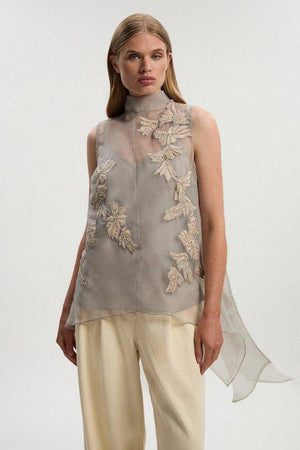 Karen Millen UK SALE Quilted Applique Organdie Woven Drape Back Blouse