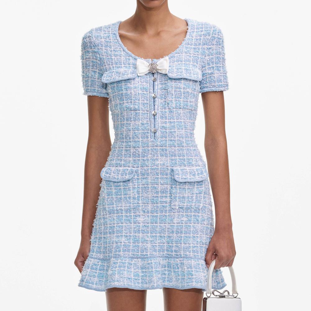 SELF PORTRAIT SS25 VIP PRICE Blue Check Knit Mini Dress
