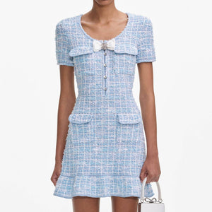 SELF PORTRAIT SS25 VIP PRICE Blue Check Knit Mini Dress